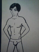 Sketch of a slender guy in a speedo. With long-ish dark hair.